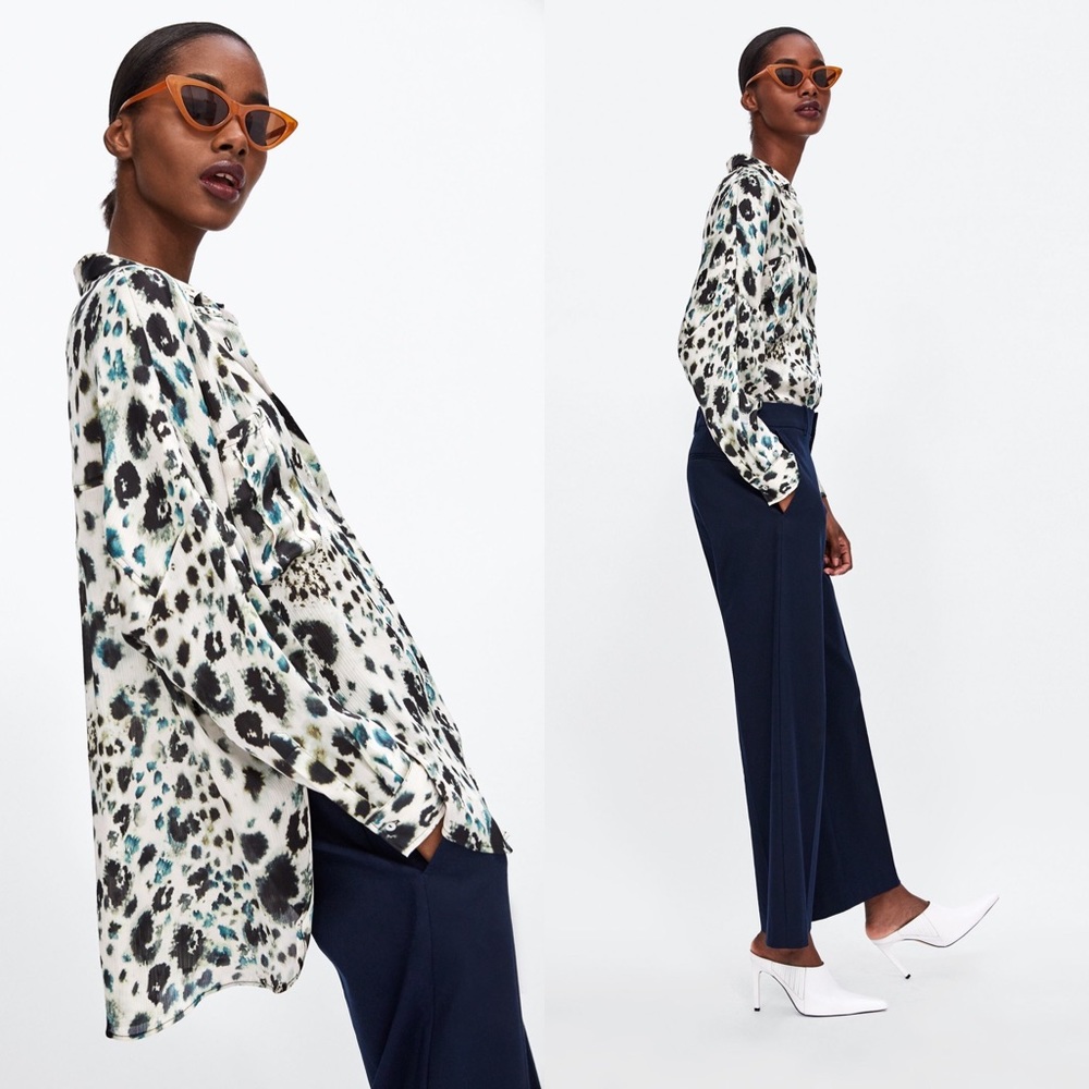 Zara Long Sleeve Ink Blot Print Button Top Size XS